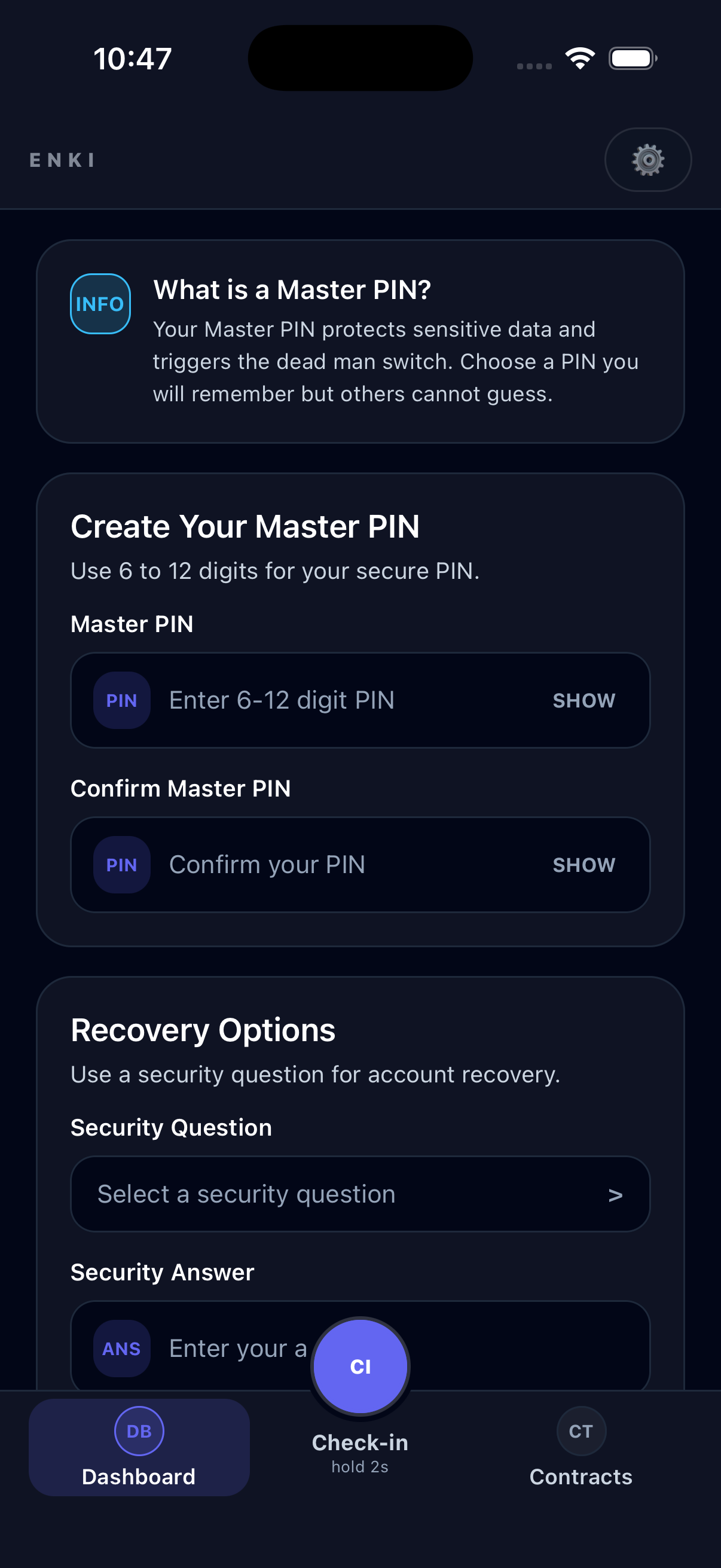 Master PIN setup